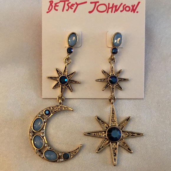 Betsey Johnson Gold Tone Celestial Star & Moon Mismatch Drop Earrings Blue NWT - Picture 7 of 10